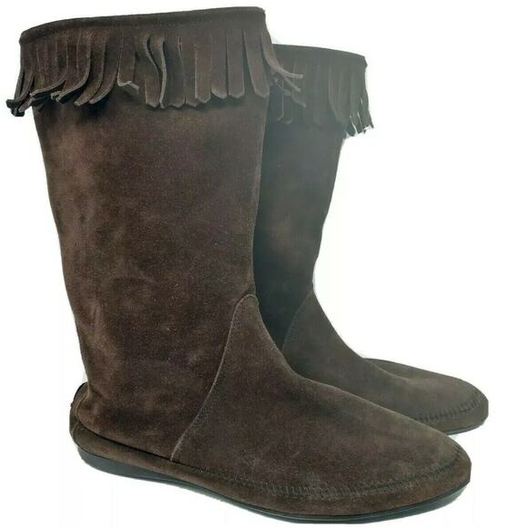 Jimmy Choo Brown Suede Fringed Gold Logo Moccasin Boots EU 37.5 Mid Calf Boho 7M - Picture 1 of 9